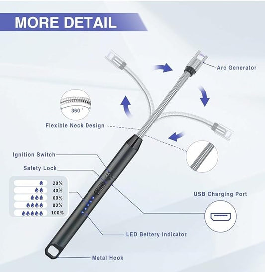Rechargeable Electric Lighter – USB Arc Lighter for Candles, Gas, Kitchen Use | Windproof, Flameless, 360° Flexible Neck | Eco-Friendly & Multi-Purpose