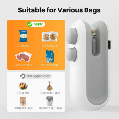 Portable Plastic Bag Sealing Machine 2 in 1 USB Rechargeable Magnetic Heat Sealing & Cutting, Portable Handheld Vacuum Sealer for Food, Snacks, Chips, Fresh Storage, Plastic Bags Sealing Machine
